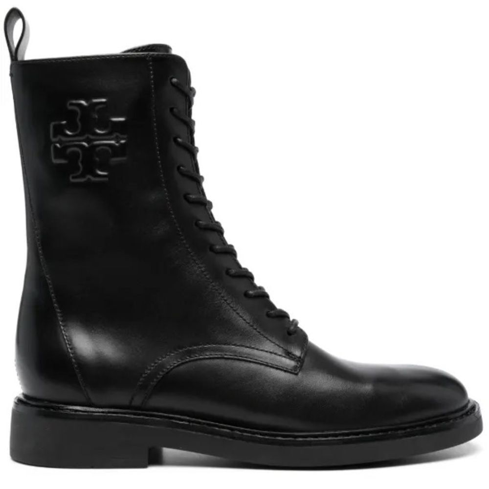 Tory Burch Double T combat Black Leather Lace-Up women’s Boots Size 9.5